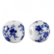 Abalorio de cerámica redondo 12mm - Blanco-azul Delfts